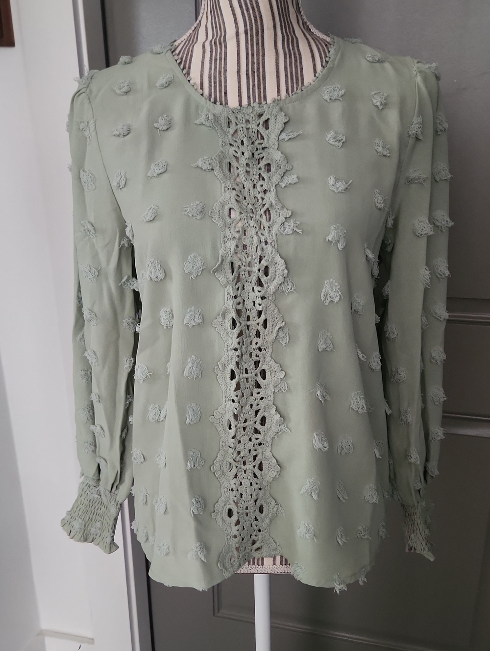 Women's Light Sage Green Crochet Trim Blouse